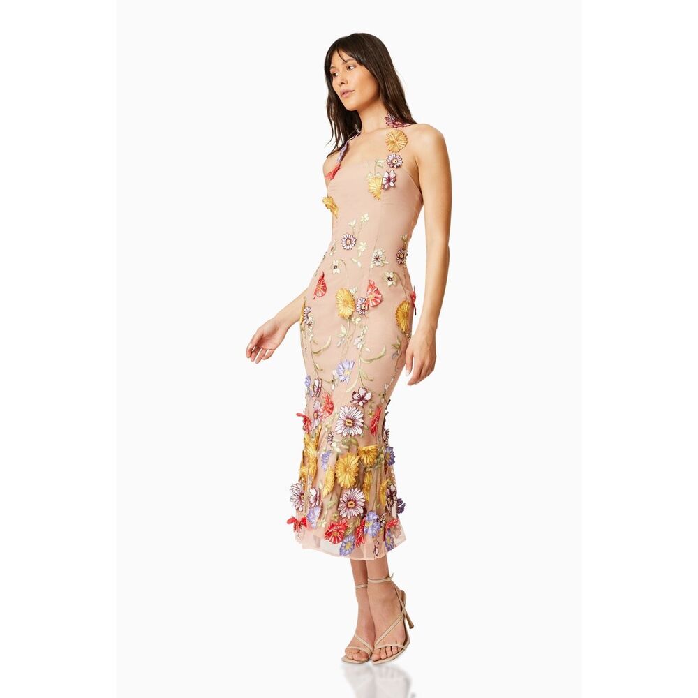 Elliatt LARK Nude halter dress embroidered 3Dflower Wedding Guest size S